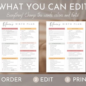 Plantilla de plan de parto, lista de verificación de preferencias de parto editable, plan de parto imprimible para médico, plan de parto para doula, descarga de Canva, Boho imagen 2