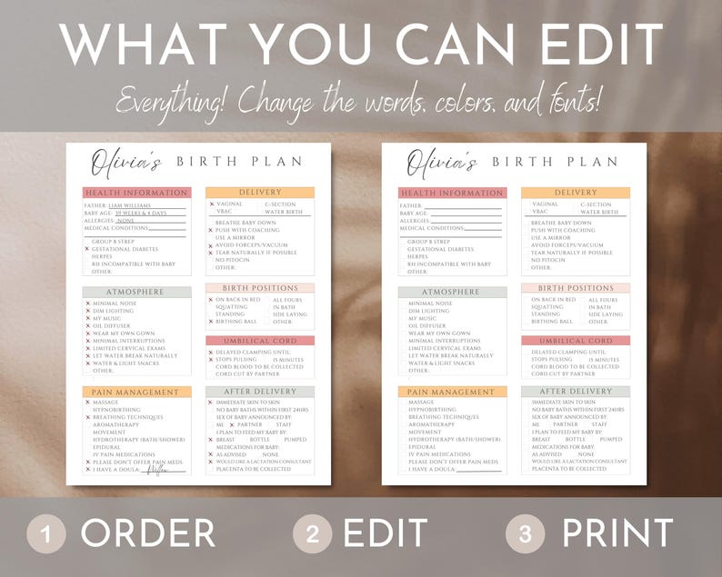 Plantilla de plan de parto, lista de verificación de preferencias de parto editable, plan de parto imprimible para médico, plan de parto para doula, descarga de Canva, Boho imagen 2