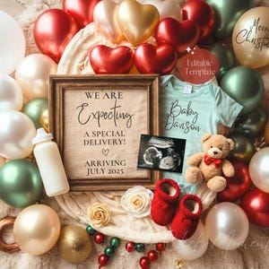 Weihnachten Digitale Schwangerschaftsankündigung, Dezember Babyankündigung, Geschlechtsneutrale Babyenthüllung, bearbeitbare Vorlage, spezielle Lieferung unterwegs