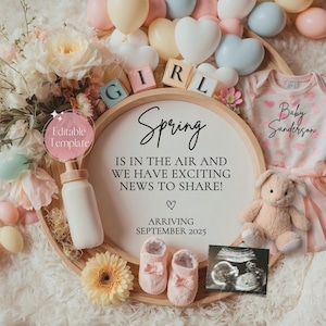 Spring Girl Pregnancy Announcement Digital, Flower Baby Girl Announcment, Cute April Baby Reveal Idea, Digital Easter Gender Reveal Editable