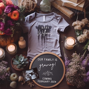Gothic Baby Girl Announcement, Digital Valentine Day Flowers Pregnancy Announcement, Editable Template, Purple Black Social Media Reveal