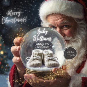 Digitale Weihnachtsbabymitteilung, Weihnachtsmann-Schwangerschafts-Enthüllung, Schneekugel, bearbeitbare Vorlage, Feiertags-Baby, geschlechtsneutrale Babyschuhe