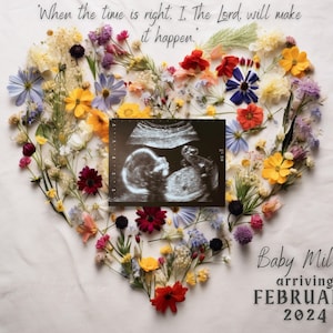 Christliche Schwangerschaftsankündigung, Wildblumen-Herzschrift-Baby-Enthüllung, digitale religiöse geschlechtsneutrale Enthüllung, bearbeitbare Vorlage