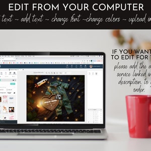 May include: A laptop computer displaying a website with a graphic design template for a baby announcement. The template features a rocket, a baby outfit, and a wooden heart with the text "Space Herd" on it. The text "IF YOU WANT ME TO EDIT FOR YOU, please add the add-on service linked in the description, to your order." is displayed on the right side of the image.