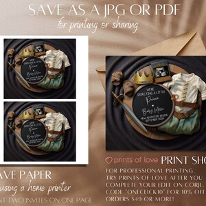 May include: A digital printable baby announcement with a prince theme. The announcement features a black chalkboard with the text "We're expecting a little prince" and "Baby [name] New adventure begins September 2024". The chalkboard is surrounded by a crown, a sword, a pair of baby shoes, and a baby outfit. The announcement is set against a dark background.