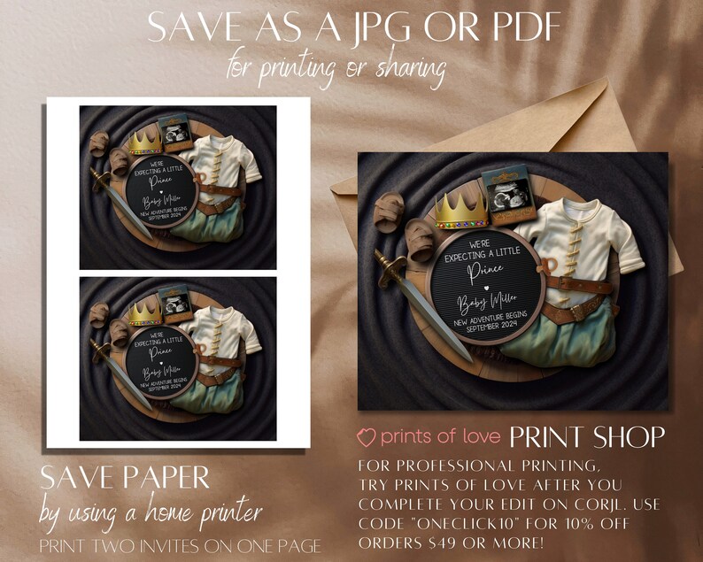 May include: A digital printable baby announcement with a prince theme. The announcement features a black chalkboard with the text "We're expecting a little prince" and "Baby [name] New adventure begins September 2024". The chalkboard is surrounded by a crown, a sword, a pair of baby shoes, and a baby outfit. The announcement is set against a dark background.