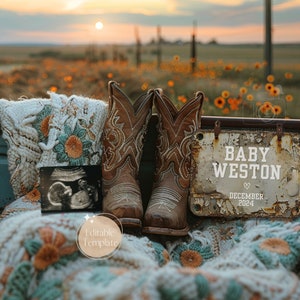 Simple Western Pregnancy Announcement, Digital Cowgirl Baby Announcement, Neutral Farm Reveal, EDITABLE Template, Our First Rodeo, Horse Cow