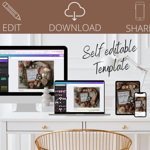 May include: A digital mockup of a self-editable template for a baby announcement. The template features a photo of a baby's feet and a sign that says "We can't wait to meet you!" The template is shown on a computer screen, a laptop, a tablet, and a smartphone.