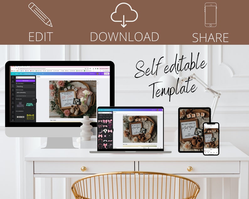 May include: A digital mockup of a self-editable template for a baby announcement. The template features a photo of a baby's feet and a sign that says "We can't wait to meet you!" The template is shown on a computer screen, a laptop, a tablet, and a smartphone.