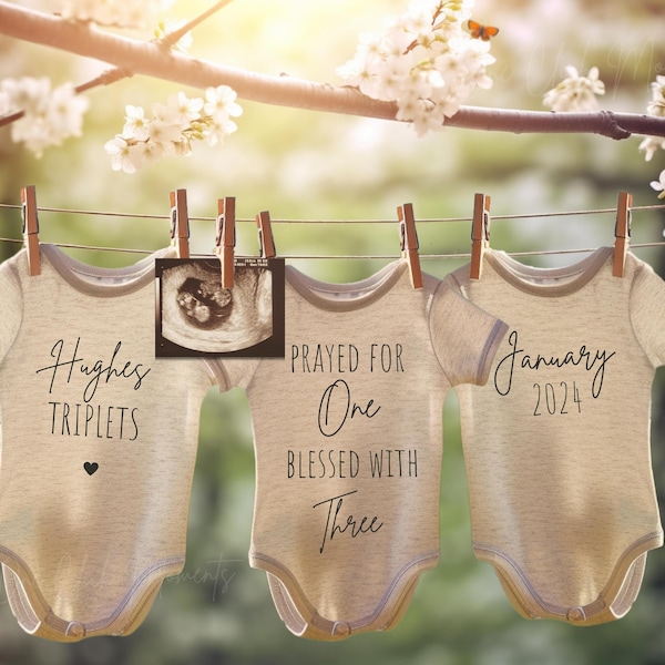 Spring Triplets Pregnancy Announcement, Summer Triplet Reveal, Digital Facebook Instagram Reveal, Rainbow Miracle IVF Babies, Minimalist