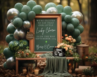 St.Patrick's Day Pregnancy Announcement Digital, Boho Lucky Charm Baby Announcement, Magical Gender Neutral Baby Reveal, March Edit Template