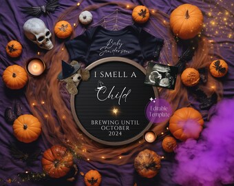 May include: A Halloween-themed pregnancy announcement with a black letter board that reads "I smell a child, brewing until October 2024". There is a baby onesie that says "Baby Sanderson" and a sonogram image. The background is purple with orange pumpkins and other Halloween decorations.
