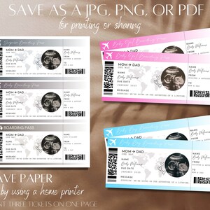 May include: A collection of baby announcement boarding pass designs in shades of gray, pink, and blue. Each pass features a sonogram image, a world map, and the text "Mom + Dad". The passes are designed to be printed at home.