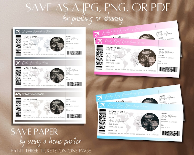 May include: A collection of baby announcement boarding pass designs in shades of gray, pink, and blue. Each pass features a sonogram image, a world map, and the text "Mom + Dad". The passes are designed to be printed at home.