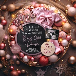 Magical New Years Baby Girl Announcement, Digital 2026 Pregnancy Announcement, Pink Boho Christmas Gender Reveal, Social Media Edit Template