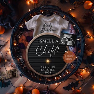 Magical Halloween Pregnancy Announcement, Witchy Gothic Baby Announcement, Spooky Gender Neutral Baby Reveal, October Baby Editable Template