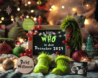 Christmas Pregnancy Announcement Digital, December Baby Announcement, A little Who is Due, Editable Template, Social Media Gender Reveal