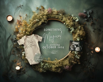 Moody Gender Neutral Pregnancy Announcement, Fairy Garden Baby Reveal, Magical Greenery Nature, Mystical Dark Floral Wreath, Instagram Share