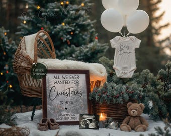 Christmas Pregnancy Announcement, December Baby Reveal, Gender Neutral (Digital Editable Template)