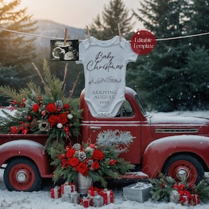 Faire-part de grossesse pour camion de Noël, faire-part de bébé numérique de décembre, faire-part de bébé neutre simple, modèle modifiable, pick-up rouge classique