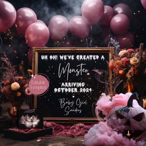Halloween Girl Pregnancy Announcement, Monster Baby Girl Announcement, Spooky Pumpkin, Pink Smoke Gender Reveal, Funny Instagram Template