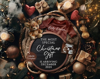 May include: A festive Christmas-themed announcement featuring a burgundy onesie with "Baby Davison" script, nestled in a woven basket with a plush reindeer and gifts. The announcement board reads "The Most Special Christmas Gift Is Arriving December 2024."