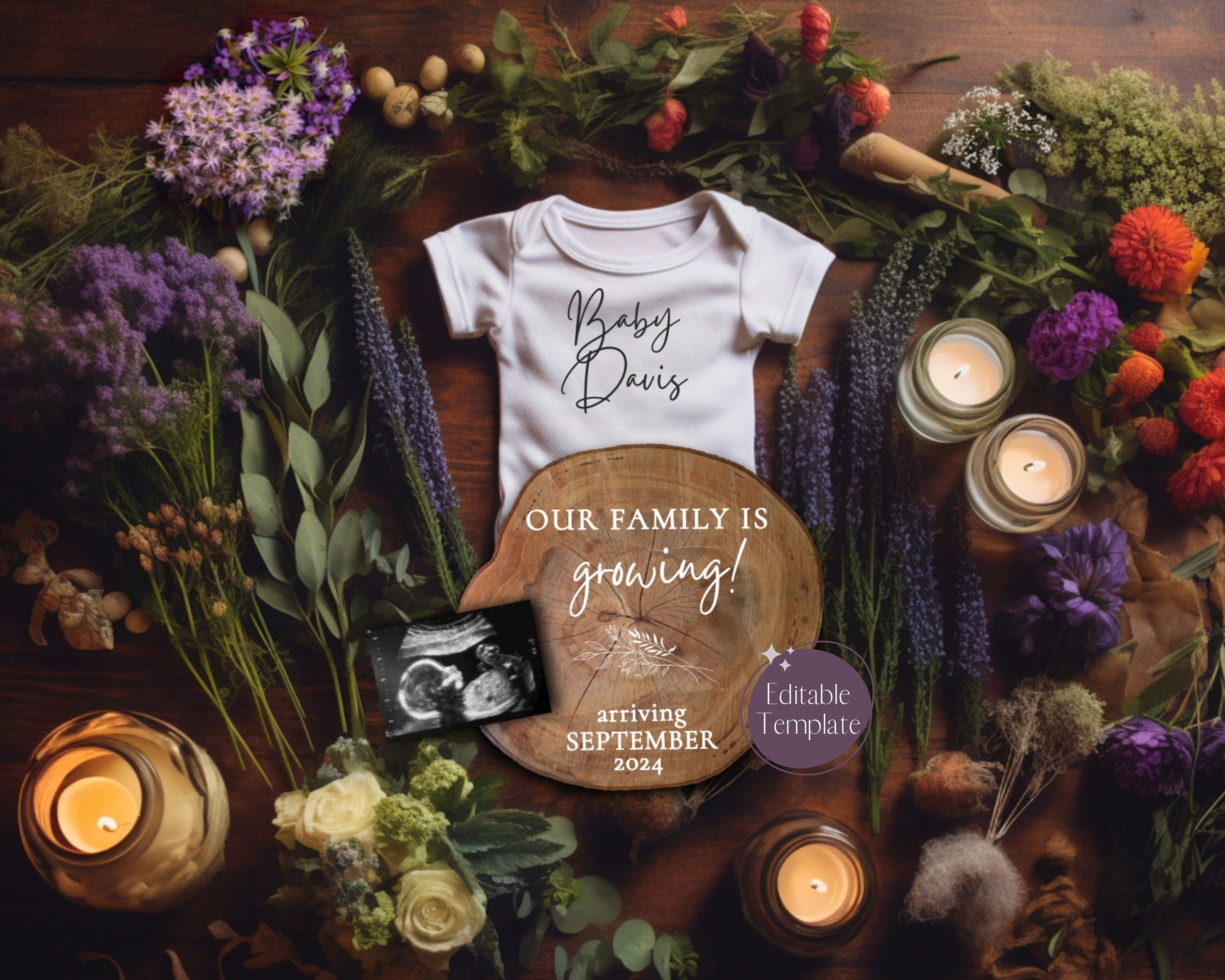 Digital Gardening Pregnancy Announcement, Gender Neutral Baby Announcement, Floral Nature Pregnancy Announce, Editable Flower Herbs Template