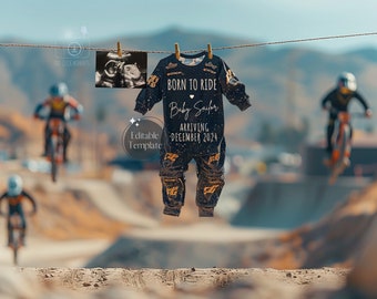 May include: A black and gold baby onesie with the text "Born to Ride Baby Sailor Arriving December 2024". The onesie is hanging on a clothesline with a blurry image of a motocross rider in the background.