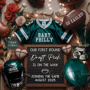 Annuncio di gravidanza del football di Philadelphia, rivelazione digitale del bambino nel football, modello modificabile verde nero, rivelazione del sesso nello sport, nuovo giocatore