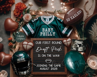 Anúncio de gravidez do Philadelphia Football, revelação digital do bebê do futebol, modelo editável verde e preto, revelação de gênero esportivo, novo jogador