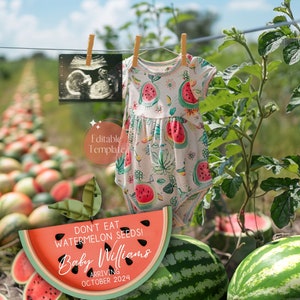 Watermelon Baby Girl Announcement, Boho Watermelon Pregnancy Reveal, Eat Watermelon Seeds, Digital Summer Girl Gender Reveal News, Editable