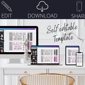 May include: A digital template for a baby shower invitation, displayed on a desktop computer, laptop, tablet, and smartphone. The design features a ticket-style layout with editable text fields and decorative elements. The words "EDIT", "DOWNLOAD", and "SHARE" are visible.