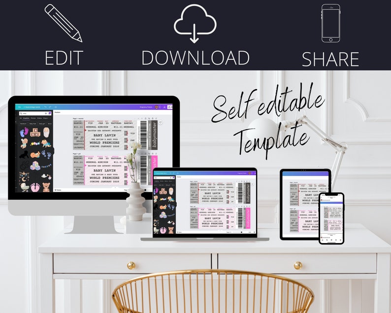 May include: A digital template for a baby shower invitation, displayed on a desktop computer, laptop, tablet, and smartphone. The design features a ticket-style layout with editable text fields and decorative elements. The words "EDIT", "DOWNLOAD", and "SHARE" are visible.
