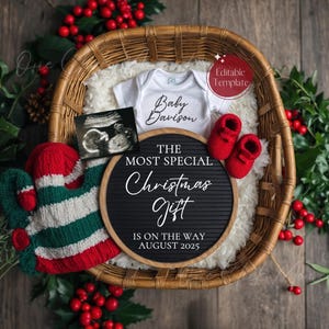 Anúncio de gravidez de Natal, anúncio neutro de bebê em dezembro, presente de Natal para revelação do bebê, modelo de quadro de letras digital editável