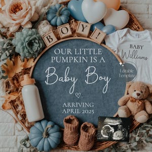 Annuncio di un bambino maschio in autunno, annuncio di gravidanza "È un maschietto", rivelazione del sesso del bambino in blu, rivelazione digitale del bambino in autunno in stile boho, rivelazione del fratellino