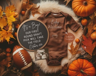 May include: A brown onesie with the text "Baby Williams" on it. A black and white ultrasound image is next to the onesie. A football and a sign that says "It's a Boy! Our first round draft pick will take the field October 2024" are in the background.