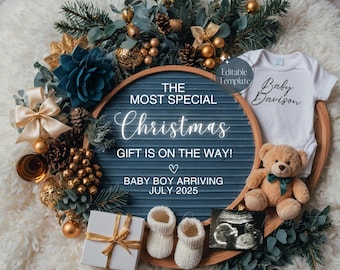 Cute Christmas Baby Announcement, Christmas Boy Pregnancy, December Announcement, Magical Blue Boho Gender Reveal, Digital Editable Template