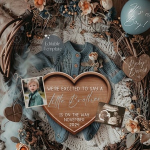 Baby Brother Pregnancy Announcement, Digital Boho It&#39;s a Boy Announcement, Little Brother Blue Gender Reveal, Instagram Editable Template