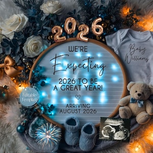 Faire-part de grossesse numérique pour le Nouvel An garçon, faire-part de bébé magique 2026, révélation de frère sur les réseaux sociaux de janvier, guirlande de Noël bleue
