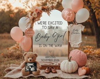 Baby Girl Announcement, Fall Pregnancy Reveal, Pink Gender Reveal (Digital Editable Template)