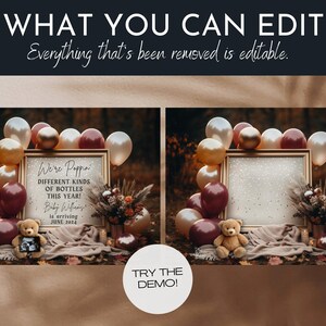 May include: A digital printable baby shower sign with a gold frame and a rustic background. The sign says "We're Poppin' Different Kinds of Bottles This Year! Baby [Name] is arriving June 2024".