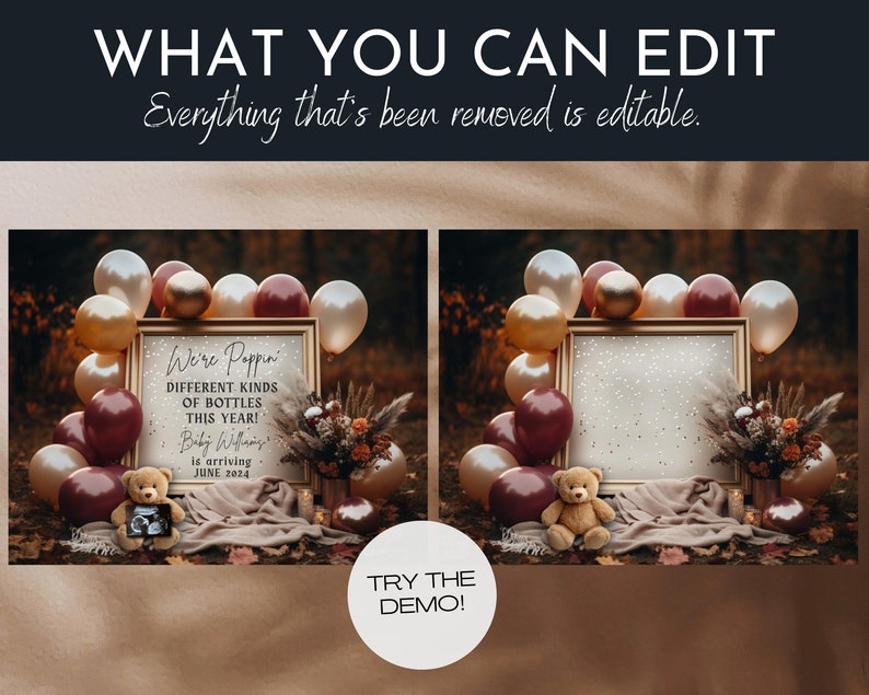 May include: A digital printable baby shower sign with a gold frame and a rustic background. The sign says "We're Poppin' Different Kinds of Bottles This Year! Baby [Name] is arriving June 2024".