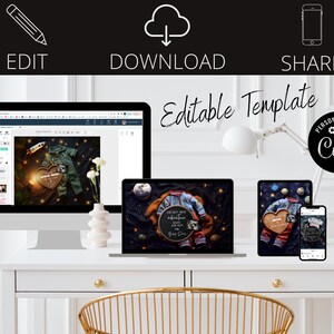 May include: Editable template for a baby's first birthday with a space theme. The template features a baby in a blue and orange astronaut suit, a rocket, stars, and planets. The text on the template reads "Our next great adventure." The template can be personalized with the baby's name and birth date.