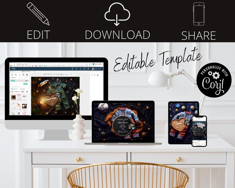 May include: Editable template for a baby's first birthday with a space theme. The template features a baby in a blue and orange astronaut suit, a rocket, stars, and planets. The text on the template reads "Our next great adventure." The template can be personalized with the baby's name and birth date.