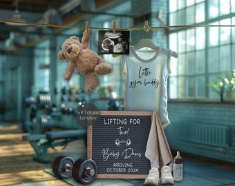 Fitness Pregnancy Announcement, Gym Baby Announcement, Digital Gender Neutral Weightlifting Baby Reveal, Lifting For Two Social Media News