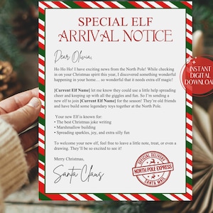 Peut inclure: Téléchargement numérique sur le thème de Noël avec une lettre du Père Noël. La lettre, adressée à Olivia, annonce l'arrivée d'un nouvel elfe. Le design comprend des bordures rouges et vertes et un tampon "North Pole Express".