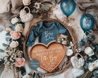 Mother's Day Pregnancy Announcement, Boho Baby Boy Reveal, Blue Balloon Its a Boy, May Gender Reveal, Digital Editable Template, Instagram