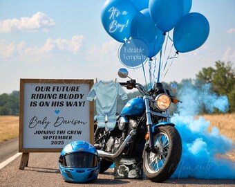 Digital Motorcycle Pregnancy Announcement, Biker Baby Boy Reveal, New Rider, Blue Smoke Gender Reveal, Editable Template, Future Bike Rider