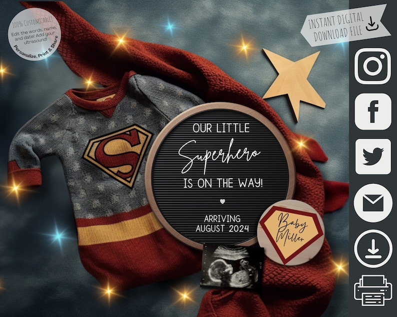 Superhero Pregnancy Announcement, Daddy's Sidekick Digital Announcement, Superhero Baby Reveal, Its a Boy, Editable Template Social Media image 7
