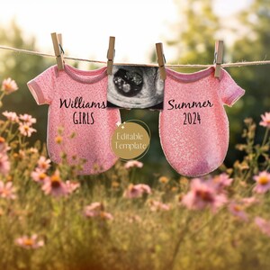 Twin Girl Pregnancy Announcement Digital, Floral Twin Girls Announcement, Pink Onesies Gender Reveal, Editable Template, Summer Flowers